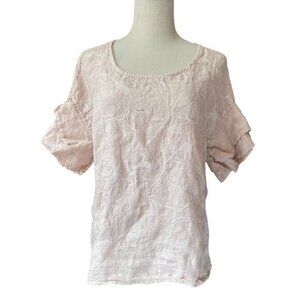 Valentina Naldi 100% Linen Blouse Blush Pink Embroidered Fluffer Sleeves - Med